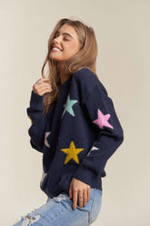 ADORA Stars Pattern Round Neck Drop Shoulder Sweater - Trendy & Cozy Knitwear